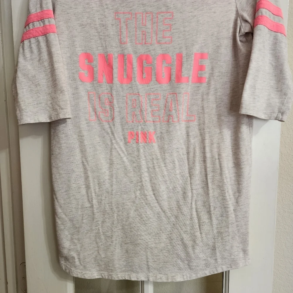 Victoria’s Secret PINK Snuggle Is Real Sleep Shirt Large Gray 3/4 Sleeve Lounge